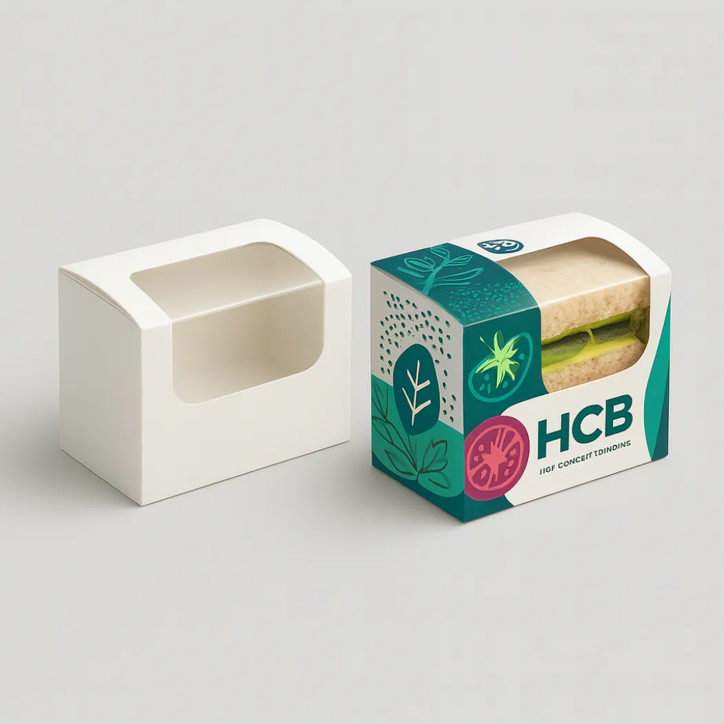 Plain white and custom printed rectangular sandwich boxes featuring a transparent window to view contents- class=